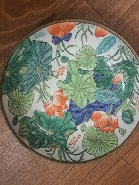 Vtg.  Hand Painted Chinese Floral Porcelain Bowl Encased In Brass - Hong Kong